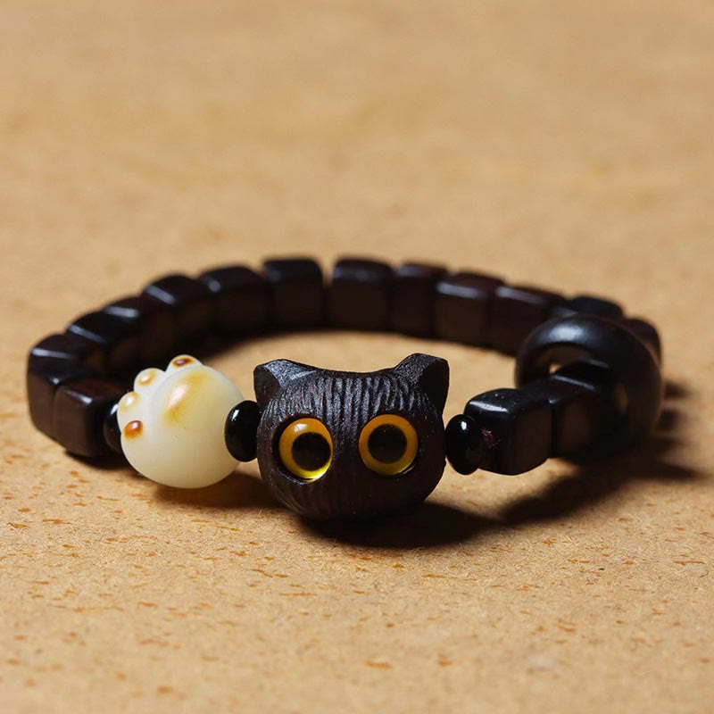 Buddha Stones Ebony Wood Cute Cat Bodhi Seed Paw Claw Square Beads Calm Bracelet - image 5