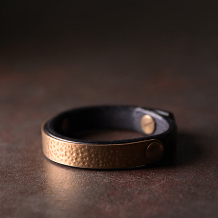 Buddha Stones Vintage Handmade Texture Copper Brass Leather Wealth Bracelet Bangle - image 18