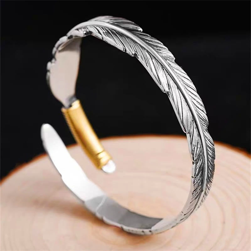 Buddha Stones Feather Pattern Engraved Luck Cuff Bracelet Bangle - image 2