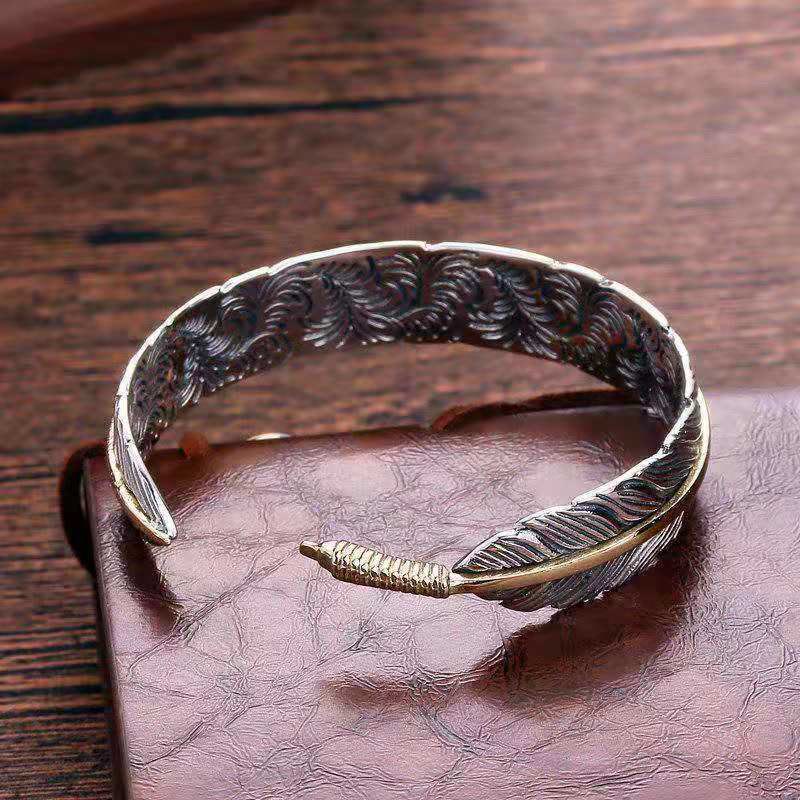 Buddha Stones Feather Pattern Carved Luck Wealth Cuff Bracelet Bangle - image 8