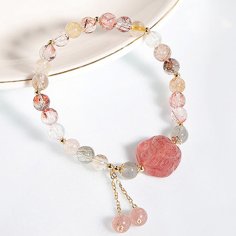Buddha Stones Natural Strawberry Quartz Cat Paw Claw Colorful Rutilated Quartz Moonstone Love Bracelet - image 2