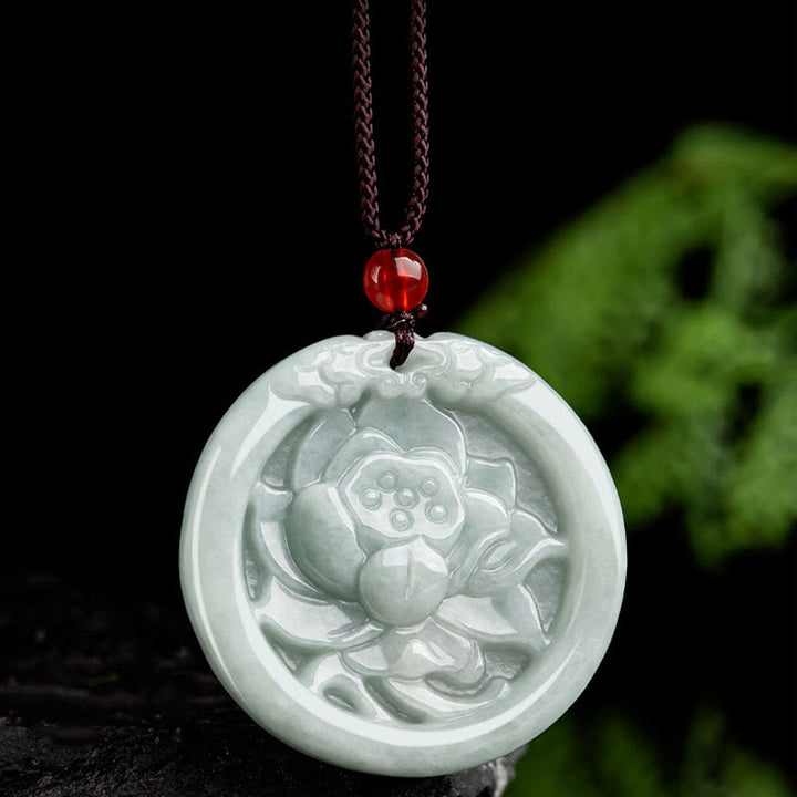 Buddha Stones Natural Jade Lotus Flower Carved Prosperity Necklace Pendant - image 4