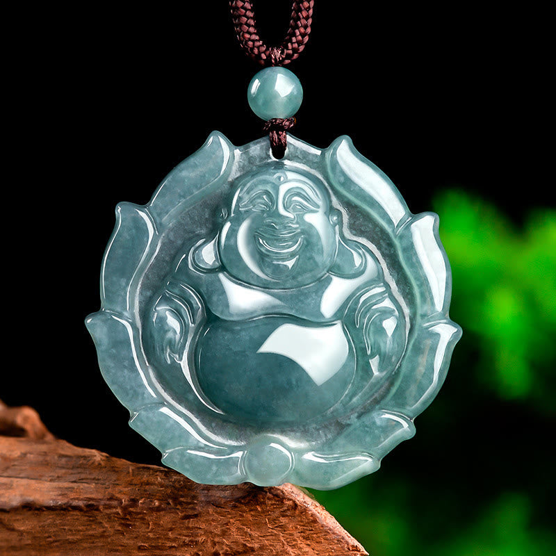 Buddha Stones Natural Jade Laughing Buddha Lotus Pattern Luck Necklace Pendant - Laughing Buddha(Happinessâ„Wealth) - image 1
