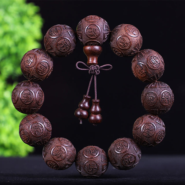 Buddha Stones Chinese Zodiac Rosewood Ebony Copper Coin PiXiu Carved Warmth Bracelet
