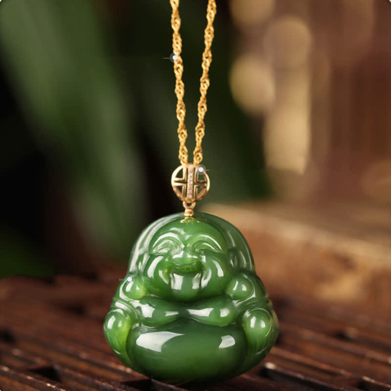 925 Sterling Silver Laughing Buddha Hetian Cyan Jade 18K Gold Success Necklace Chain Pendant - Hetian Cyan Jade (Success ♥ Healing) - image 1
