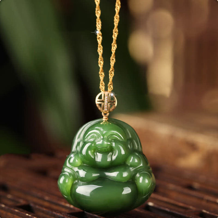 925 Sterling Silver Laughing Buddha Hetian Cyan Jade 18K Gold Success Necklace Chain Pendant - Hetian Cyan Jade (Success ♥ Healing) - image 1