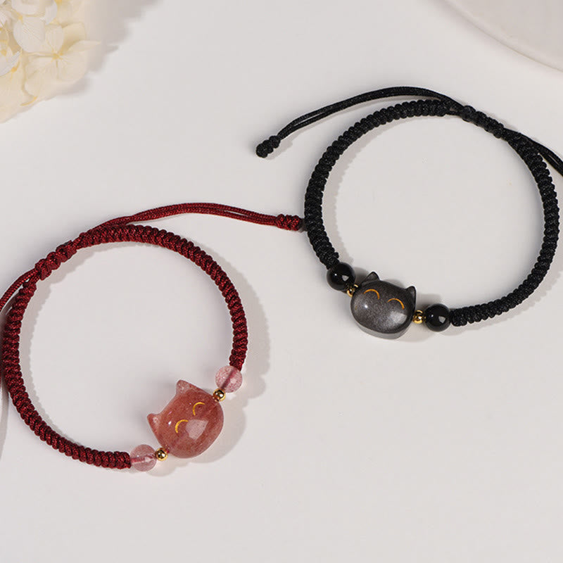 Buddha Stones Handmade Natural Silver Sheen Obsidian Strawberry Quartz Cute Cat Protection Braided Bracelet - image 2