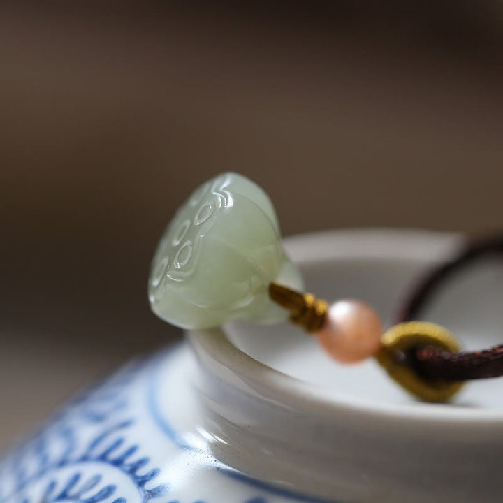 Natural Round Jade Peace Buckle Lotus Abundance String Necklace Pendant - image 8