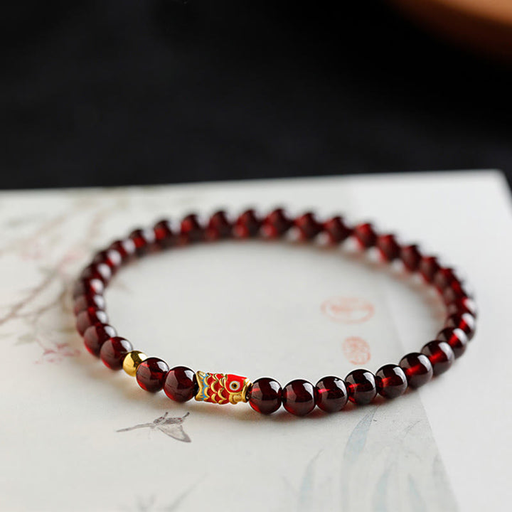 Buddha Stones 999 Gold Koi Fish Natural Garnet Protection Bracelet - 5mm-Garnet&Gold Koi Fish - 17cm - image 0