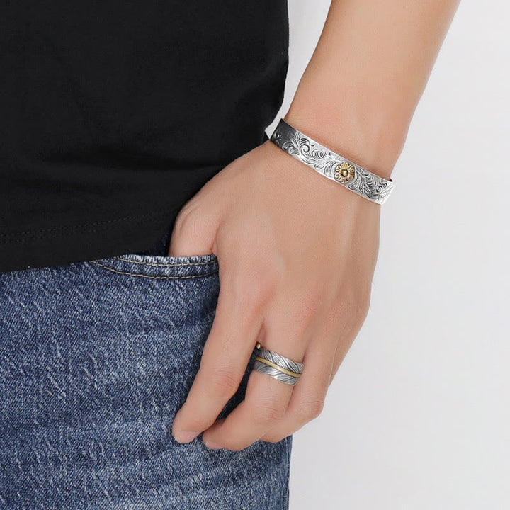 Buddha Stones Tang Dynasty Flower Design Rose Flower Feather Carved Copper Luck Bracelet Bangle - image 5