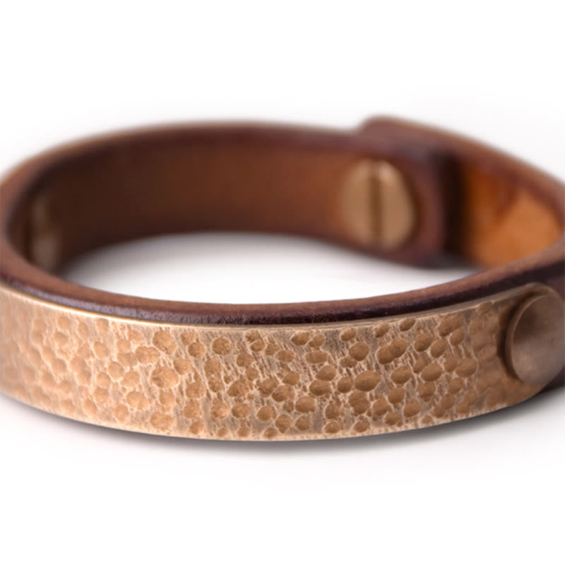 Buddha Stones Vintage Handmade Texture Copper Brass Leather Wealth Bracelet Bangle - image 3