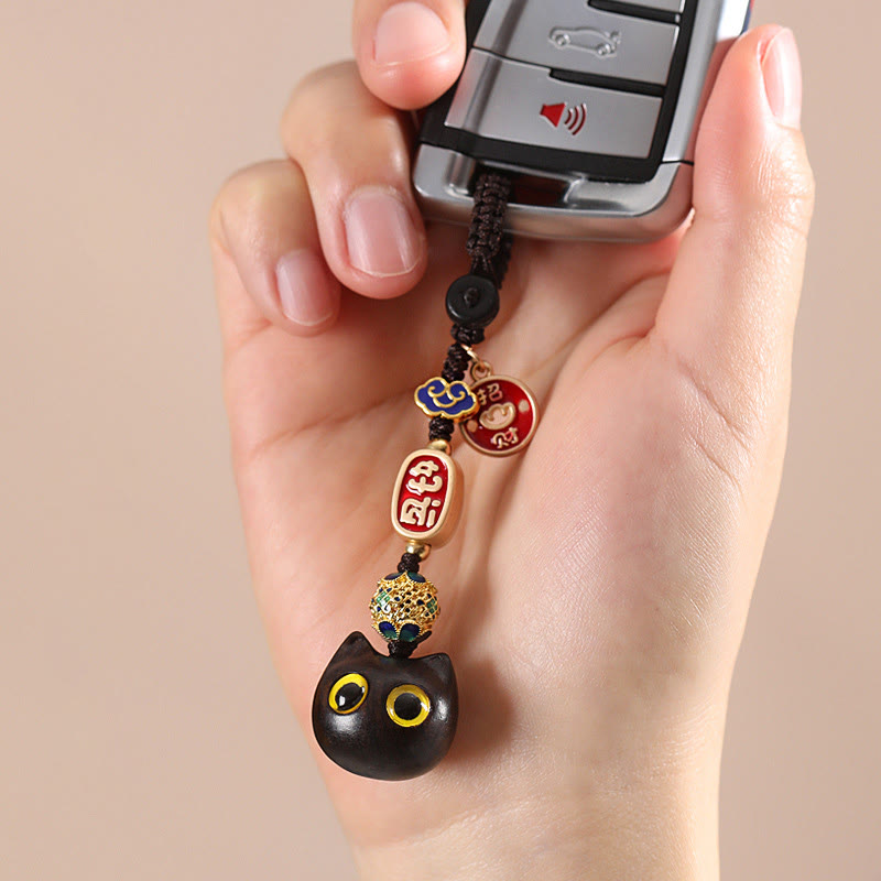 Buddha Stones Ebony Wood Lucky Cat Auspicious Cloud Peace Key Chain Phone Hanging Decoration - image 5