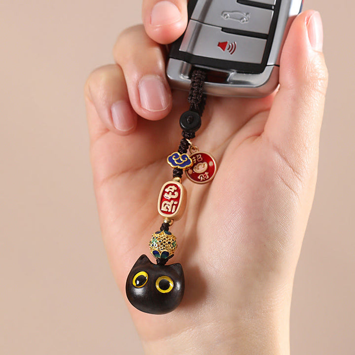 Buddha Stones Ebony Wood Lucky Cat Auspicious Cloud Peace Key Chain Phone Hanging Decoration - image 5