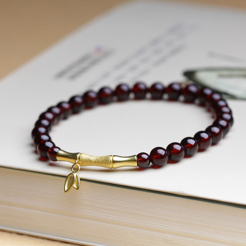 Buddha Stones 14K Copper Plated Gold 925 Sterling Silver Plated Gold Natural Garnet Bamboo Protection Bracelet - Garnet&14K Copper Plated Gold Bamboo(Wrist Circumference 14-16cm) - image 0