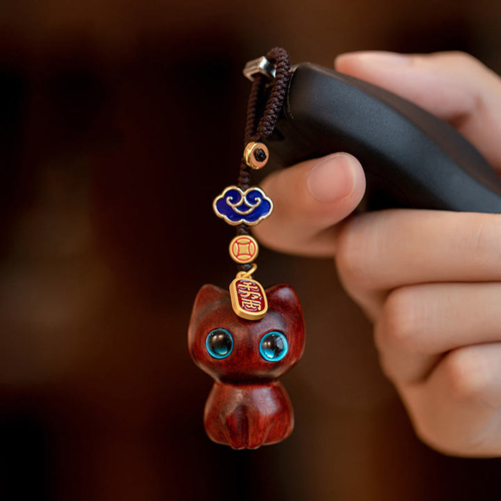 Buddha Stones Small Leaf Red Sandalwood Ebony Wood Lucky Cat Protection Key Chain Phone Hanging Decoration - image 4