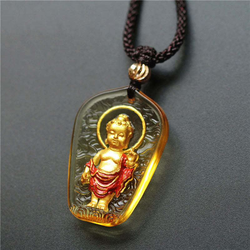 Buddha Stones Tibetan Buddha Liuli Crystal Serenity Necklace Pendant - Yellow Kasaya Buddha - image 1