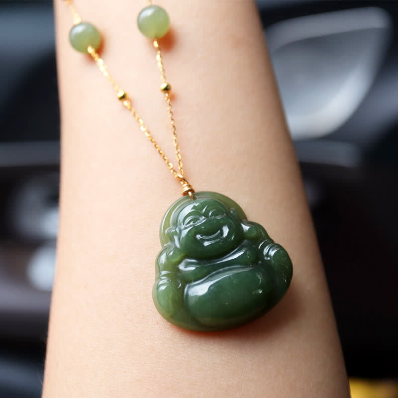Laughing Buddha Hetian Jade Luck Necklace Bead Chain Pendant - Jade (Prosperity ♥ Abundance) - image 1