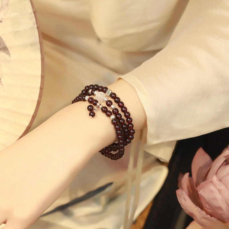 Buddha Stones 925 Sterling Silver Natural Garnet Cat Eye Protection Triple Wrap Bracelet - image 7