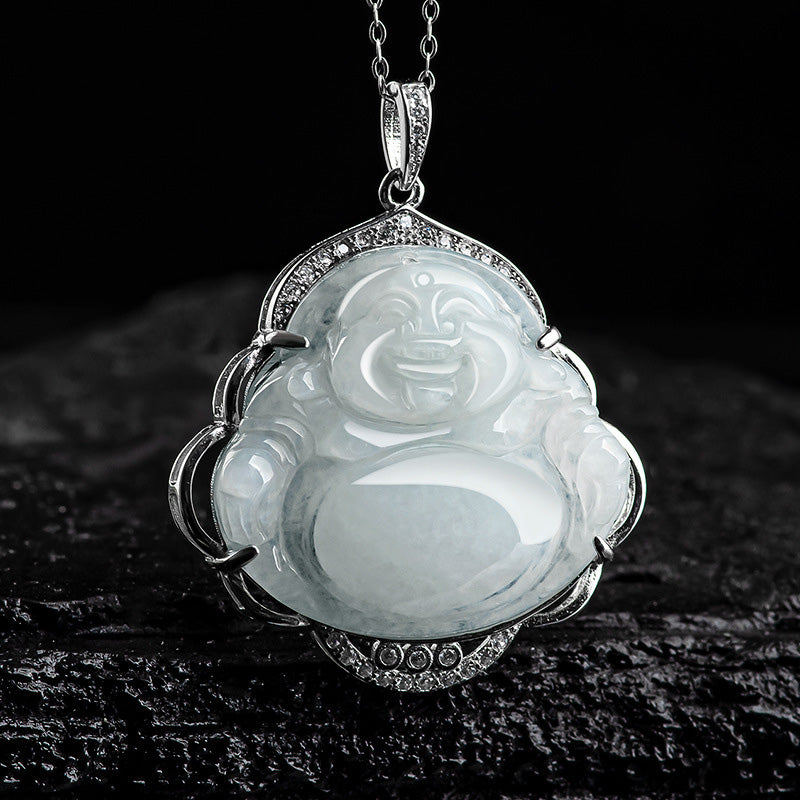 Buddha Stones 925 Sterling Silver Laughing Buddha Natural Jade Abundance Necklace Pendant - image 5
