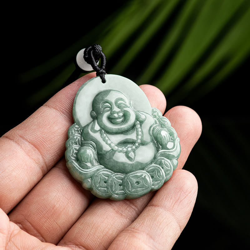 Buddha Stones Laughing Buddha Natural Jade Copper Coin Abundance Necklace Pendant - image 3
