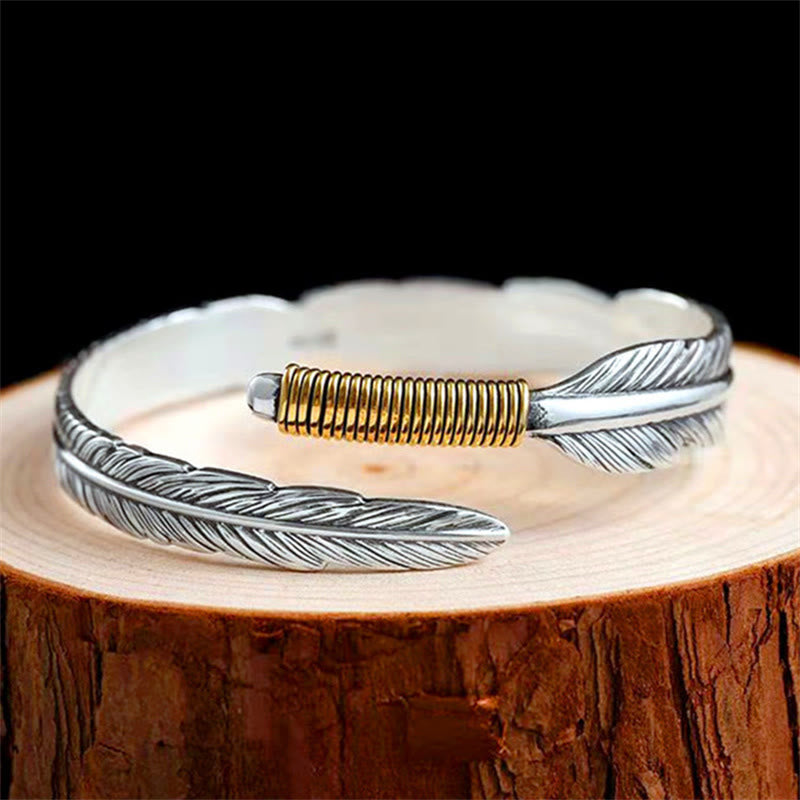 Buddha Stones Feather Pattern Engraved Luck Cuff Bracelet Bangle - image 4