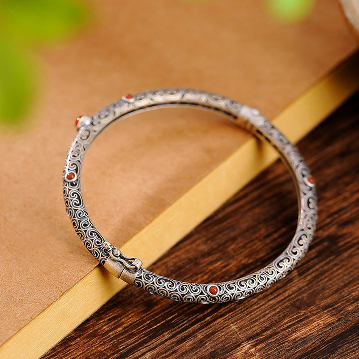 Vintage Tang Dynasty Flower Design Engraved Red Agate Copper Luck Bracelet Bangle - image 5