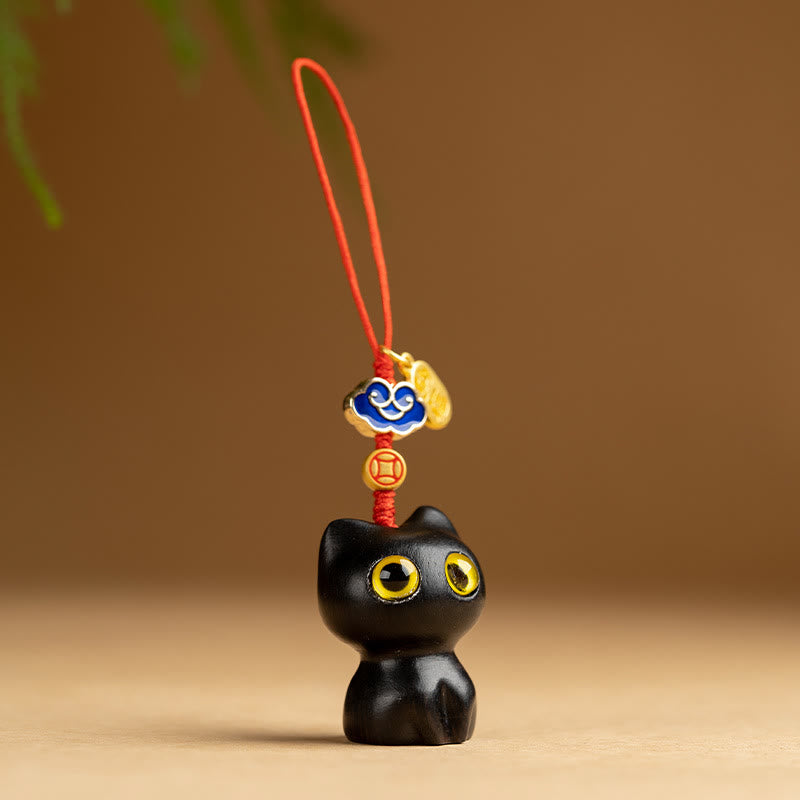 Buddha Stones Small Leaf Red Sandalwood Ebony Wood Lucky Cat Protection Key Chain Phone Hanging Decoration - Ebony Cat - Phone Hanging Decoration - image 13