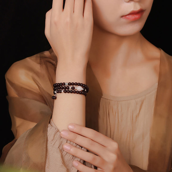 Buddha Stones 925 Sterling Silver Natural Garnet Cat Eye Protection Triple Wrap Bracelet - image 9