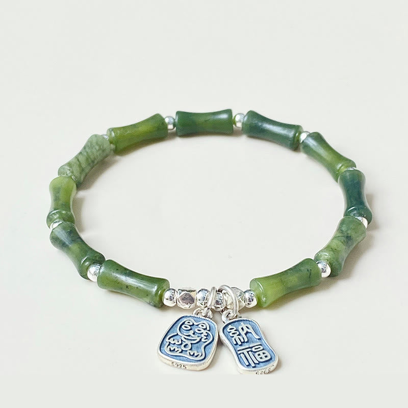 Buddha Stones 925 Sterling Silver Bamboo Jade Lucky Cat Fu Character Luck Abundance Bracelet - image 5