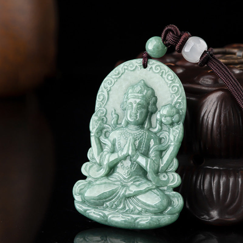 Four-armed Avalokitesvara Natural Jade Amulet Blessing String Necklace - image 7