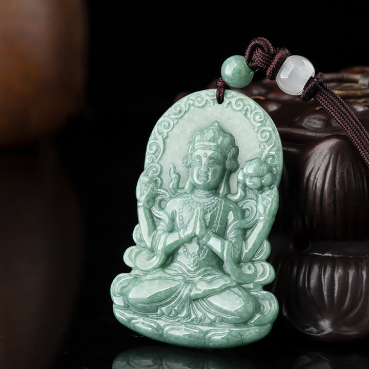 Four-armed Avalokitesvara Natural Jade Amulet Blessing String Necklace - image 7