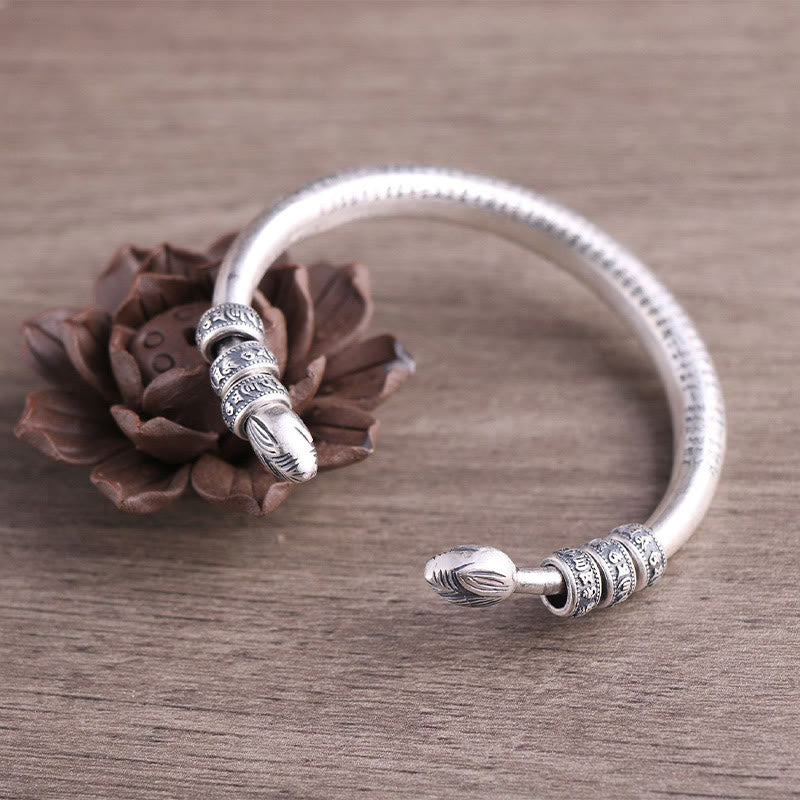 Buddha Stones 999 Sterling Silver Heart Sutra Om Mani Padme Hum Engraved Peace Purity Bracelet Bangle - image 1