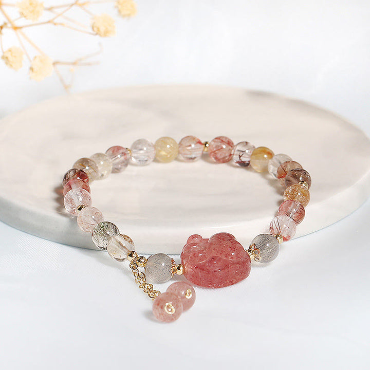 Buddha Stones Natural Strawberry Quartz Cat Paw Claw Colorful Rutilated Quartz Moonstone Love Bracelet - image 3