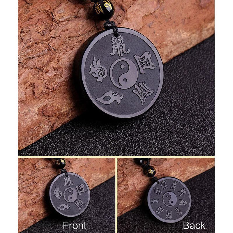 Buddha Stones Natural Black Obsidian Taoism Five Sacred Mountains Nine-Character Mantra Carved Strength Yin Yang Necklace Pendant Key Chain - image 7