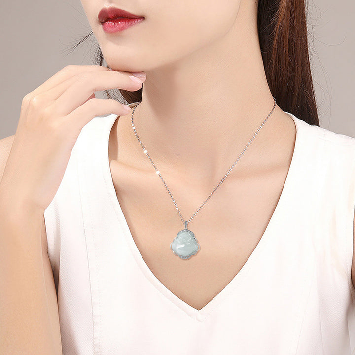 Buddha Stones 925 Sterling Silver Laughing Buddha Natural Jade Abundance Necklace Pendant - image 3