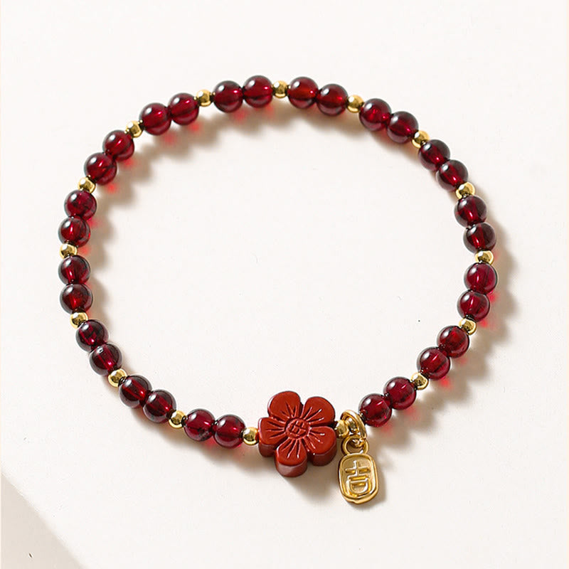 Buddha Stones 14K Gold Natural Garnet Cinnabar Flower Calm Bracelet - image 2
