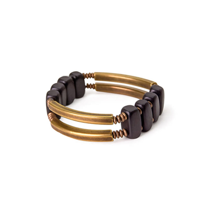 Buddha Stones Tibetan Ebony Wood Brass Copper Balance Double Layer Bracelet - image 12