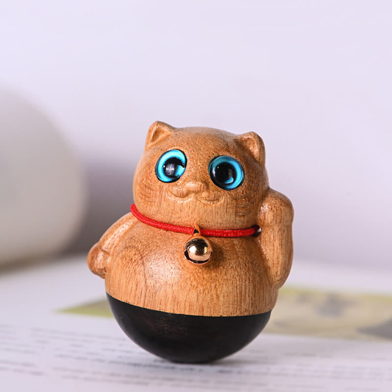 Buddha Stones Mini Lucky Cat Kitten Phoebe Zhennan Wood Blessing Decoration - 3.5*4.4cm - image 1