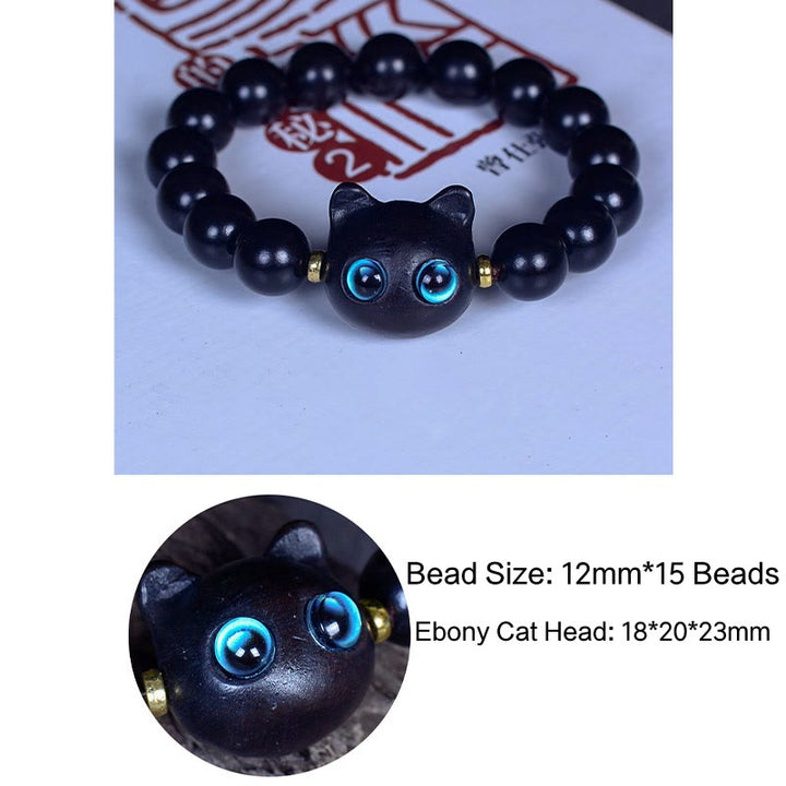 Buddha Stones Ebony Wood Liuli Glass Lovely Cat Peace Balance Bracelet - image 15