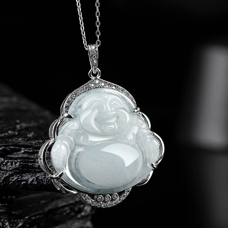 Buddha Stones 925 Sterling Silver Laughing Buddha Natural Jade Abundance Necklace Pendant - image 2