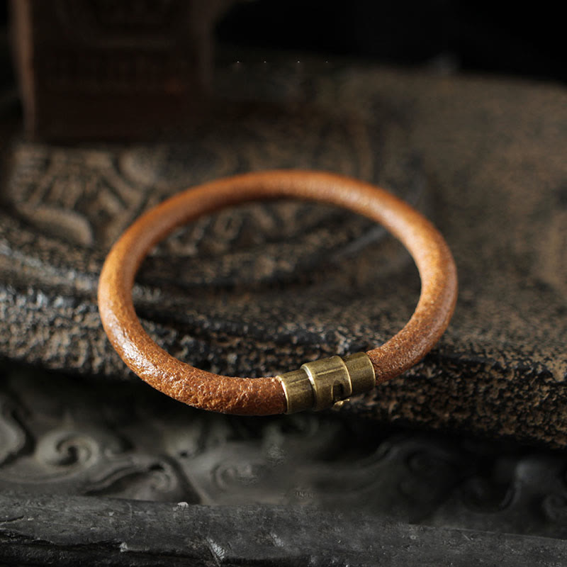 Buddha Stones Retro Leather Luck Healing Copper Magnetic Buckle Bracelet - Brown - 20-21cm - image 1