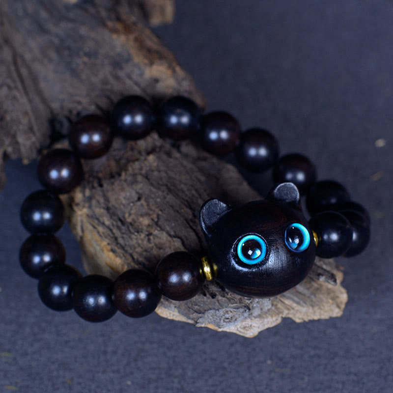Buddha Stones Ebony Wood Liuli Glass Lovely Cat Peace Balance Bracelet - image 11