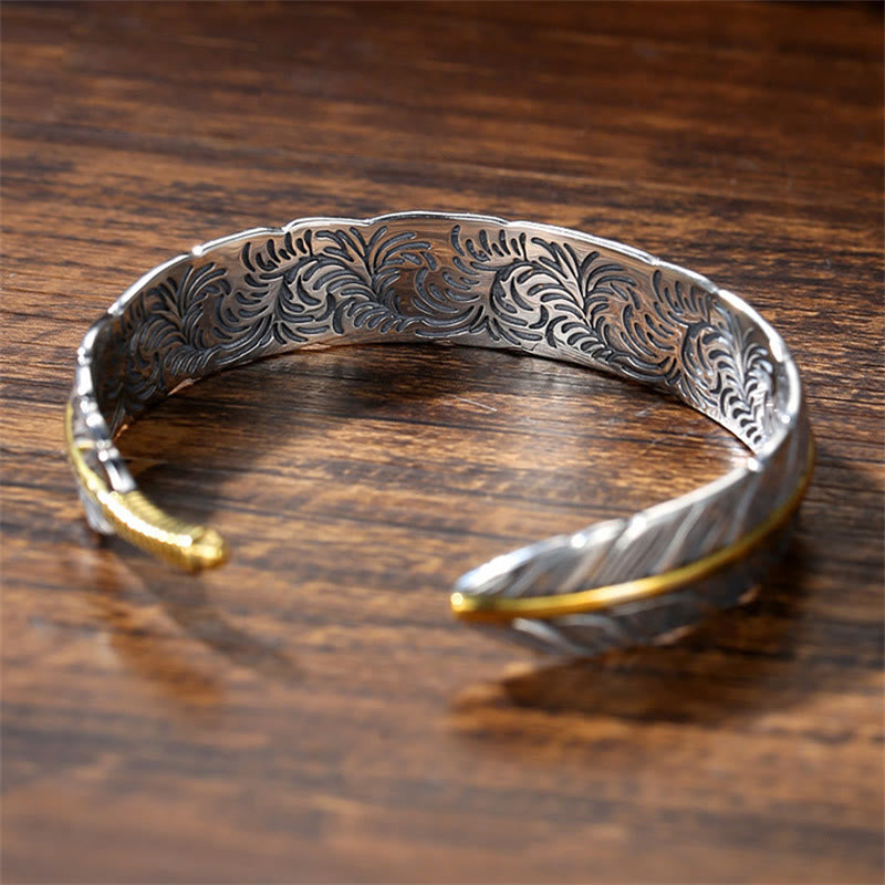Buddha Stones Feather Pattern Carved Luck Wealth Cuff Bracelet Bangle - image 4
