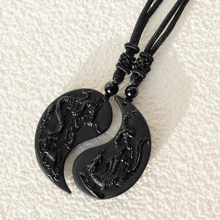 Buddha Stones Black Obsidian Yin Yang Dragon Phoenix Luck Necklace Pendant - image 6