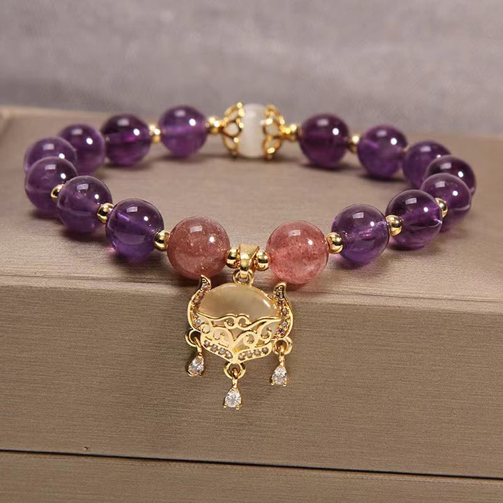Buddha Stones Natural Amethyst Strawberry Quartz Cat Eye Chinese Lock Charm Healing Bracelet - Amethyst&Strawberry Quartz&Cat Eye - image 1