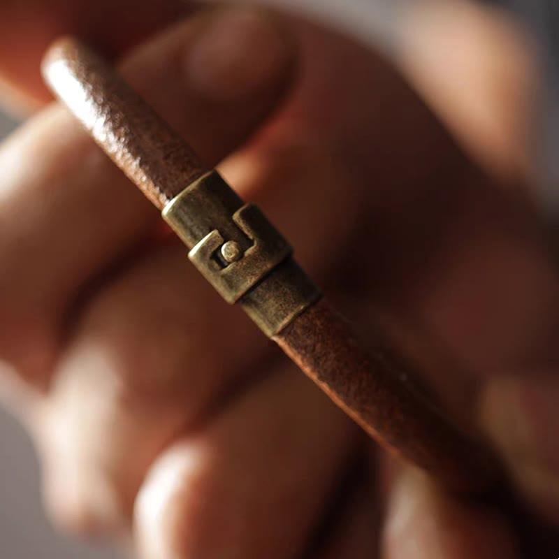 Buddha Stones Retro Leather Luck Healing Copper Magnetic Buckle Bracelet - image 12