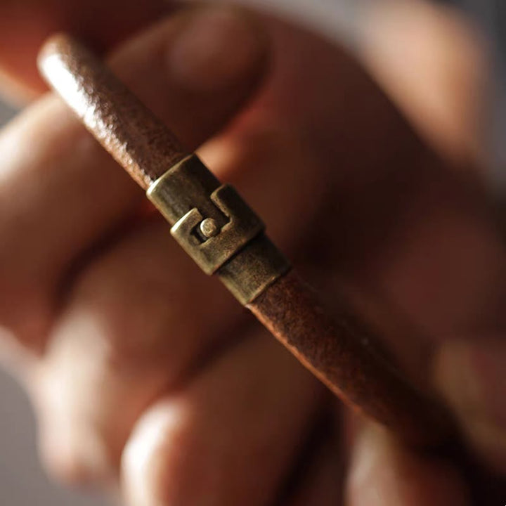 Buddha Stones Retro Leather Luck Healing Copper Magnetic Buckle Bracelet - image 12