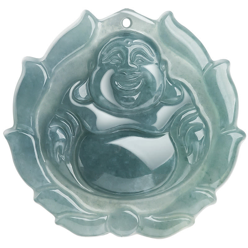 Buddha Stones Natural Jade Laughing Buddha Lotus Pattern Luck Necklace Pendant - image 9