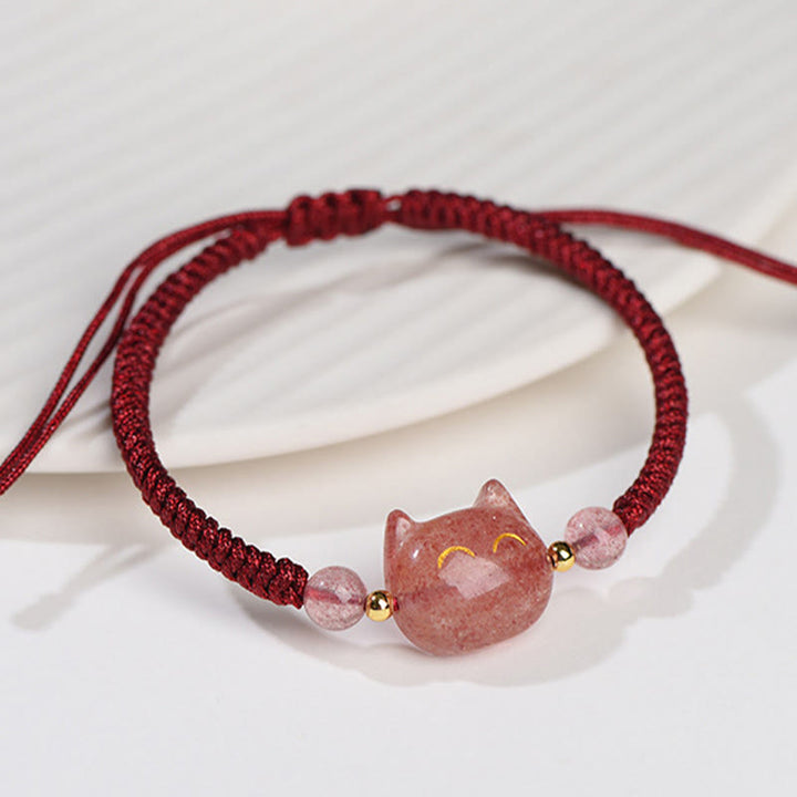 Buddha Stones Handmade Natural Silver Sheen Obsidian Strawberry Quartz Cute Cat Protection Braided Bracelet - image 9