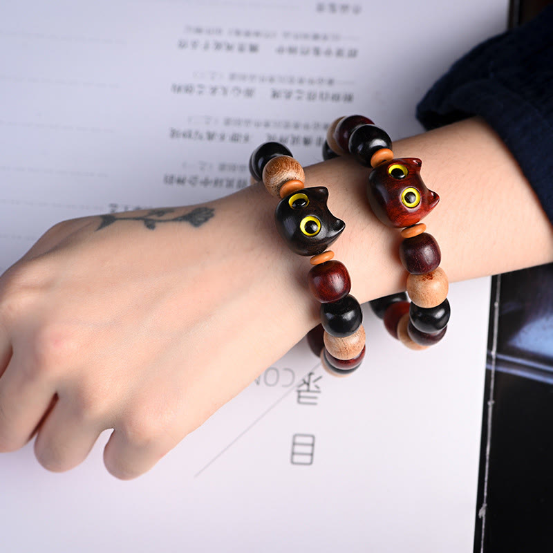 Buddha Stones Small Leaf Red Sandalwood Ebony Wood Cute Cat Engraved Protection Bracelet - image 19